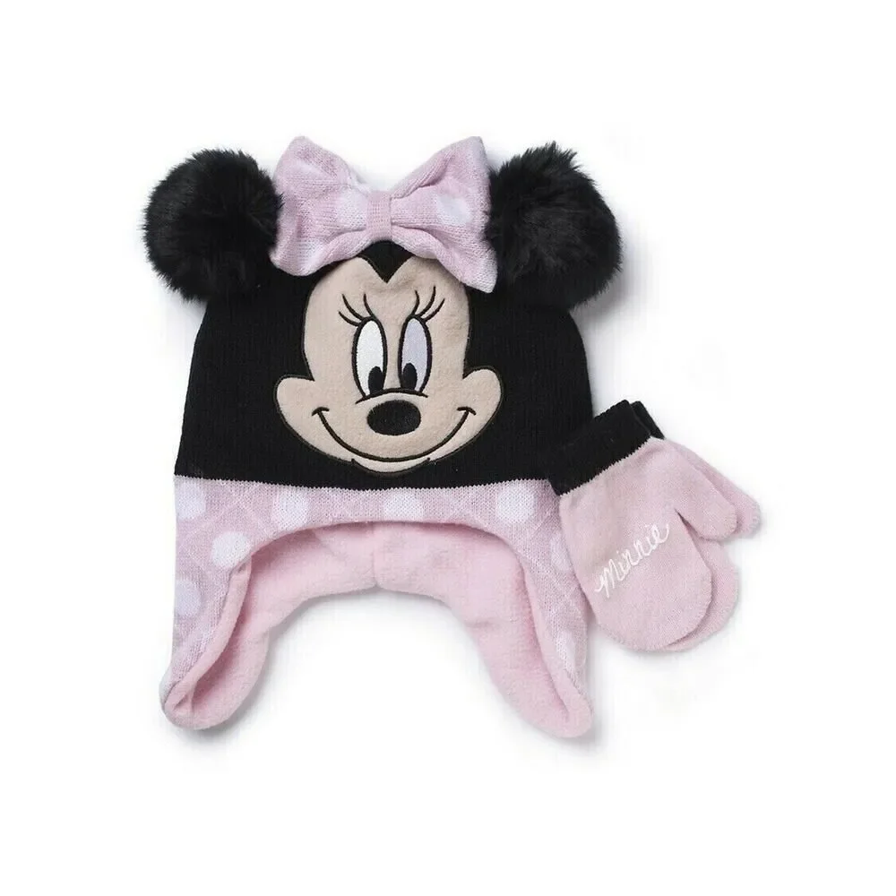 Disney MINNIE MOUSE Pink Fleece Lined Knit Winter Hat & Mitten Set 2T-5T Warm